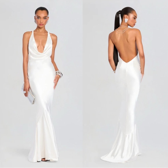 Retrofete Dresses & Skirts - Retrofete Eve Crystal Halter Low Back Maxi Gown White